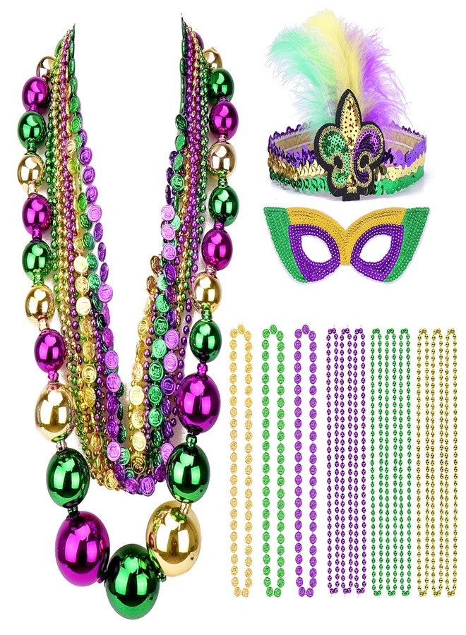 سيلفتك مجموعة قلادات خرز ماردي غرا جامبو من سيلف تيك، مع عصابة رأس وقناع ماردي غرا، خرز ماردي غرا بالجملة، إكسسوارات حفلات تنكرية للكرنفالات للنساء (15 قطعة) - Image 1